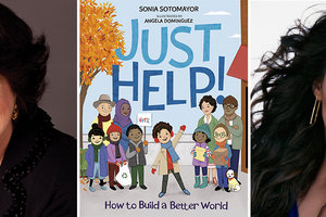 Photo of Justice Sonia Sotomayor smiling at the camera next to the cover of her book Just Help