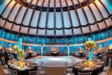 Banquet tables arranged around a dance floor