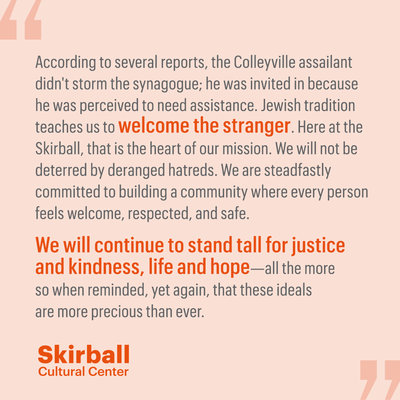 Muted orange graphic with the Skirball&#039;s statement on the Colleyville synagogue hostage situation
