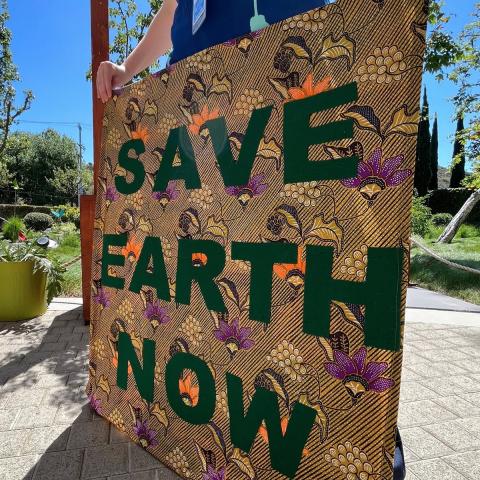 Image of someone holding a fabric banner that reads Save Earth Now in green
