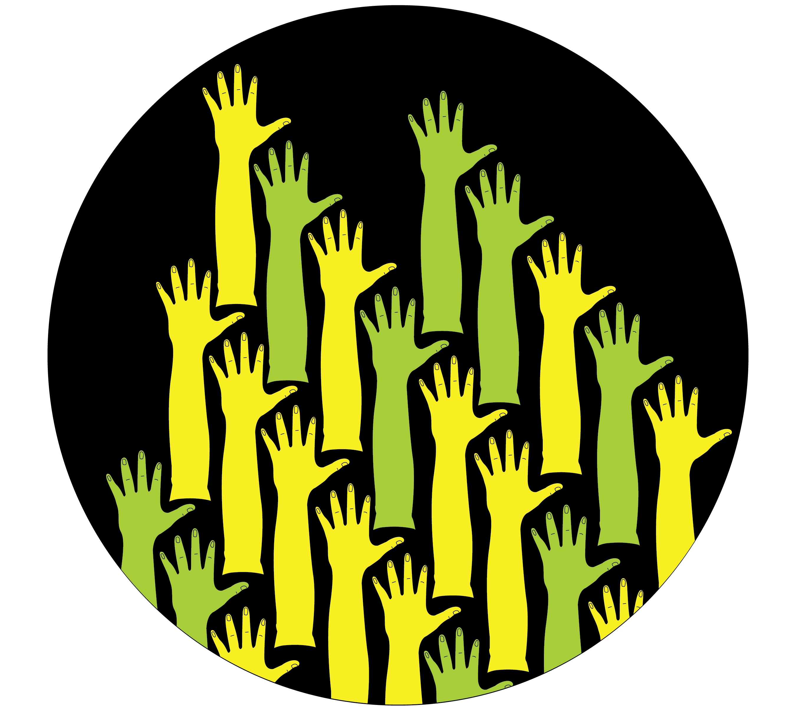 Image of many green and yellow raised hands by Aram Han Sifuentes