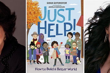 Photo of Justice Sonia Sotomayor smiling at the camera next to the cover of her book Just Help