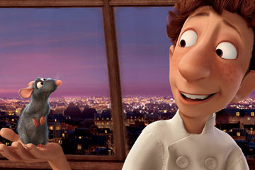Chef and rat looking at each other from the movie Rataouille