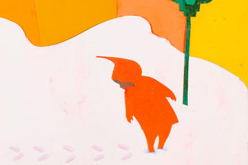 Collage illustration by Ezra Jack Keats showing a boy in red coat with hood looking at his footprints in the snow