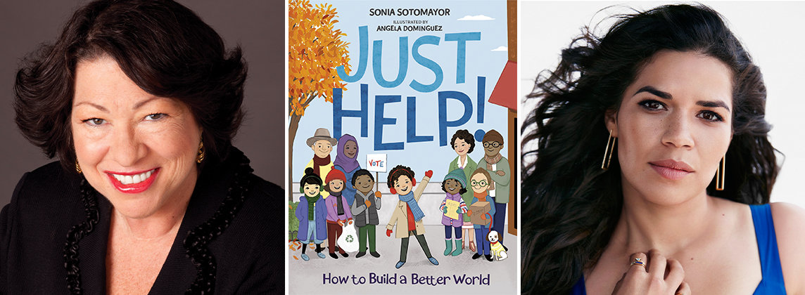 Photo of Justice Sonia Sotomayor smiling at the camera next to the cover of her book Just Help