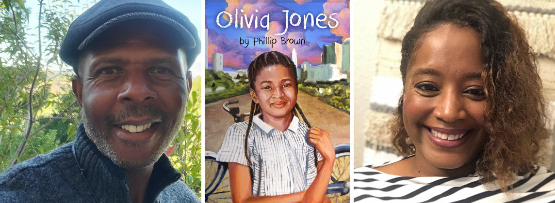From left to right, author photo of Phillip Brown, cover art for the story, and photo of Rain Wilson