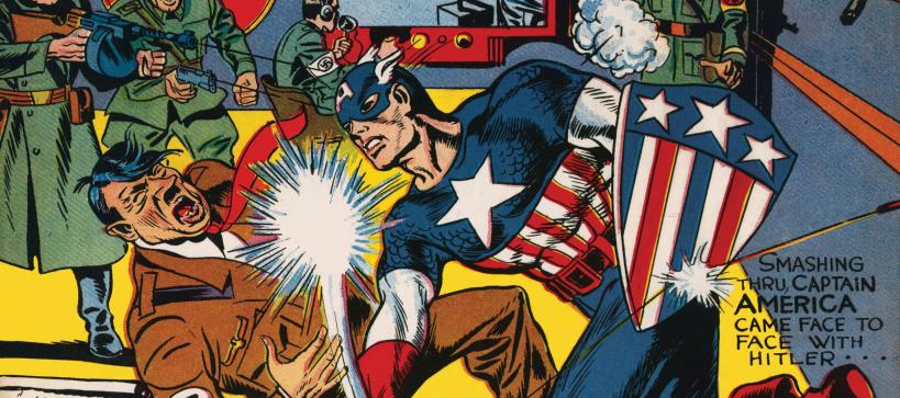 A comic book cover with super hero Captain America punching Hitler in the face.