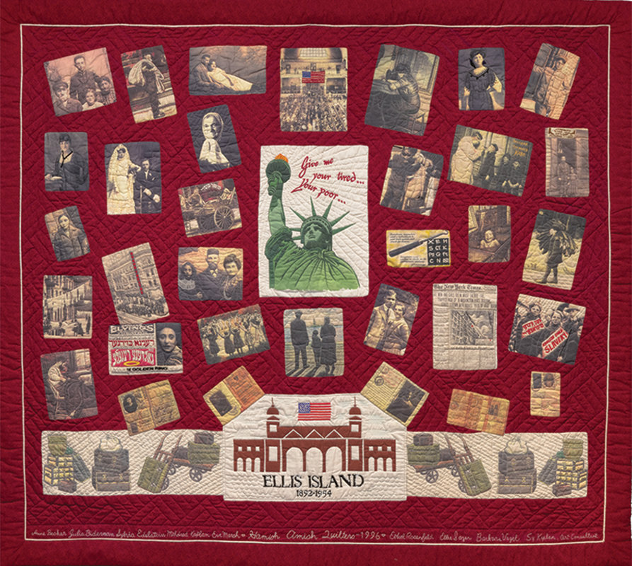 Image of a red quilt with an image of the Statue of Liberty and the words, &quot;Give me your tired... your poor.&quot; surrounded by images of Ellis Island and Jewish immigrants