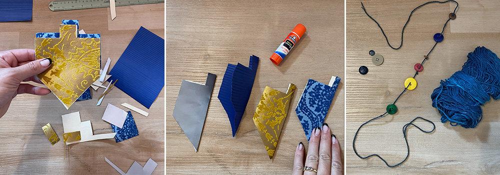 holding the flat dreidel cutouts, folding them in half, threading beads onto string