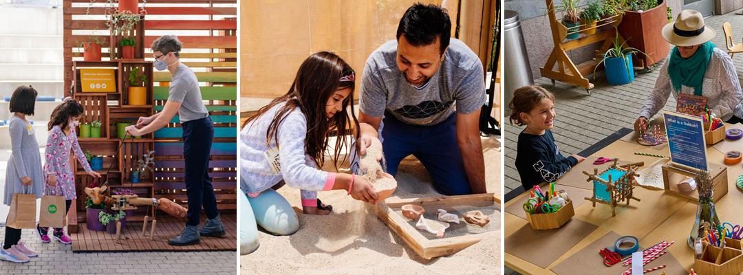 three different images right next to each other; one of a fox puppet interacting with two girls, one father and daughter in a sandbox digging for artifacts like pottery, and a craft table with father and son crafting.