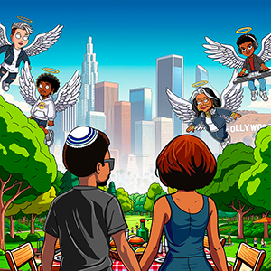 Illustration of two people, one wearing a kippah, hold hands and face a city skyline. Four figures with halos and angel's wings hover on either side.