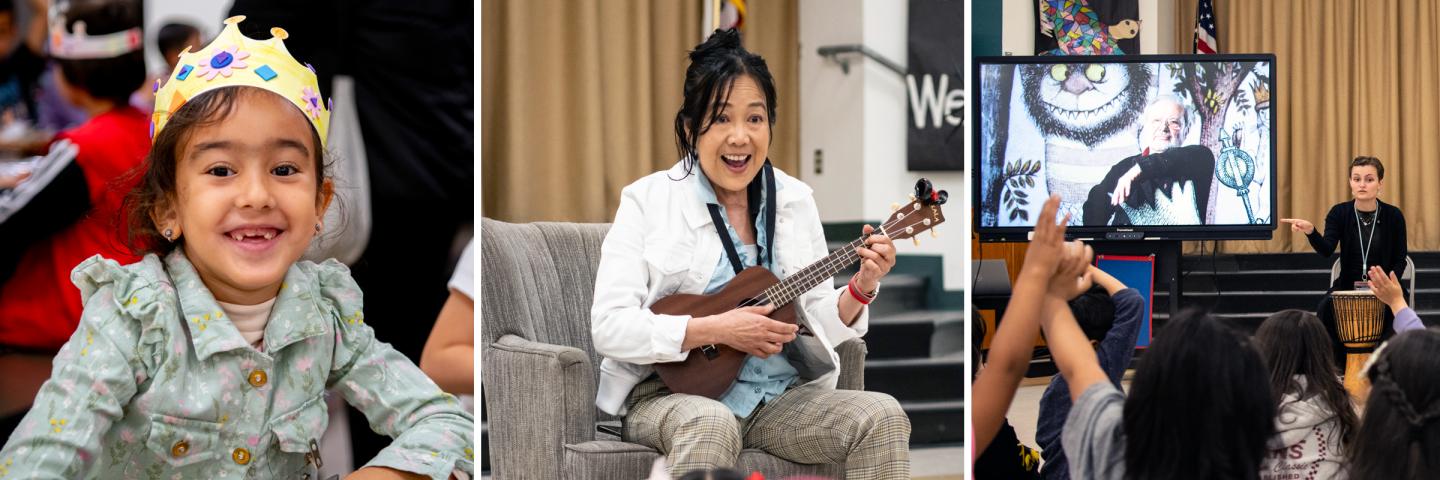 Three photo collage with a child wearing a homemade crown, a person playing a ukelele, and a person drumming.