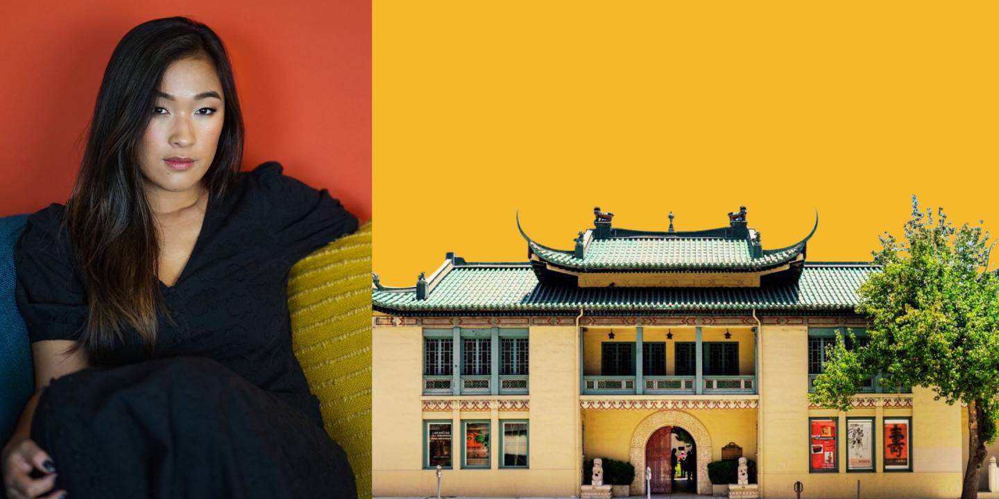 Headshot of Liz Kleinrock looking at the camera beside an image of USC Pacific Asian Museum with a yellow sky.