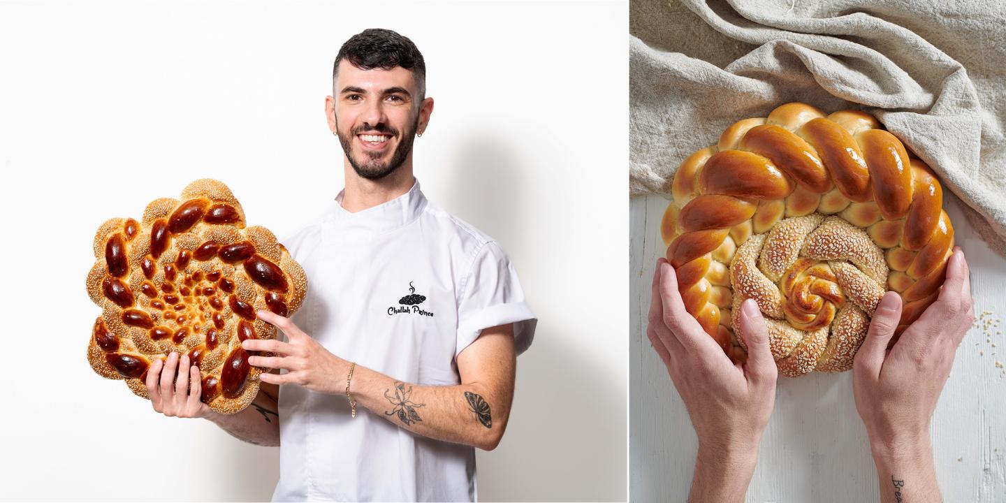 Ivan Chabasov, aka the Challah Prince, holds up braided bread while smiling at the camera. Beside his photo is a close-up shot of hands holding braided bread on a white table.