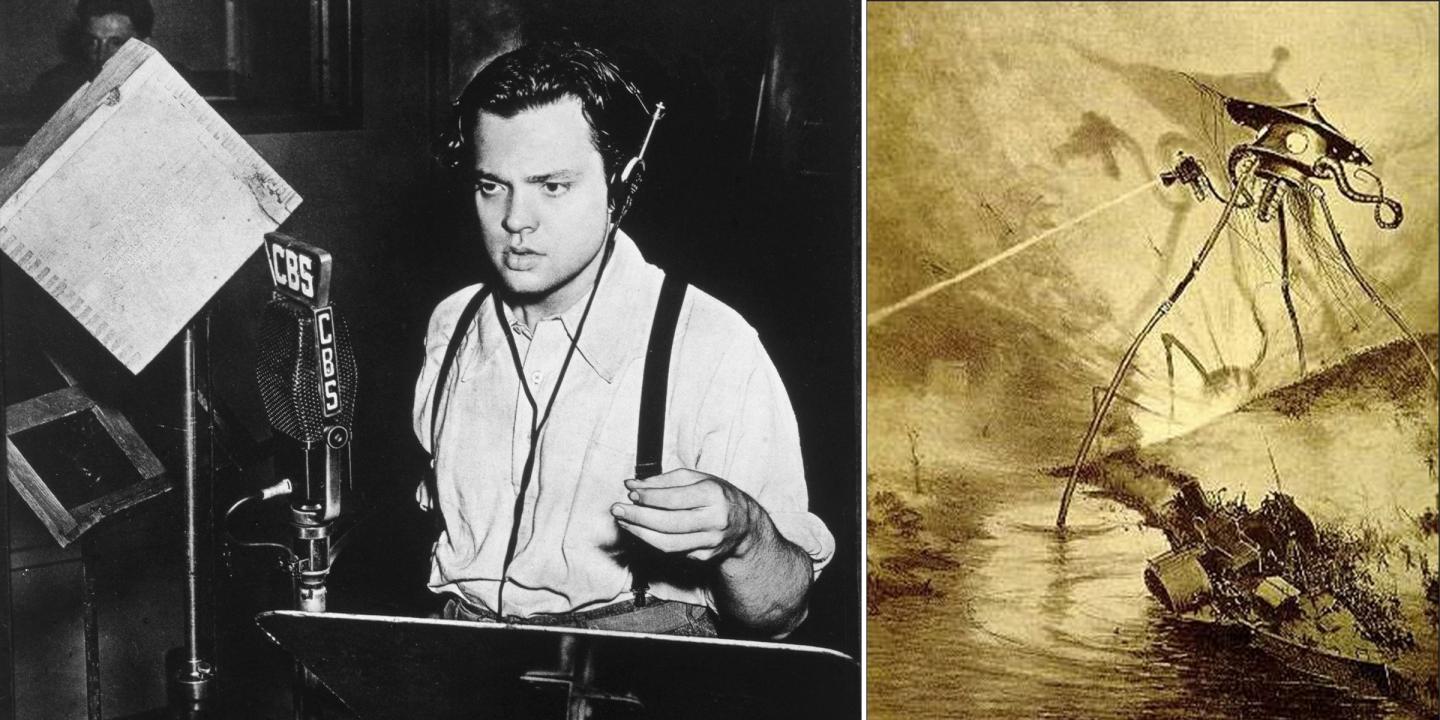 A newspaper photograph of Orson Welles performing his 1938 War of the Worlds broadcast in a radio studio standing in front of a microphone. Next to that is an illustration of a tripod alien from the novel shooting a laser at earth.