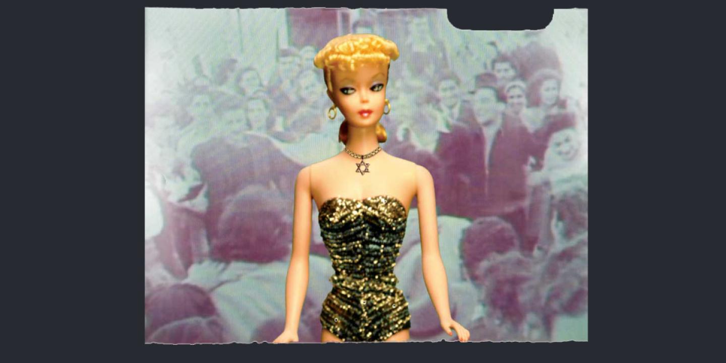 A still image from a short film showing a vintage Barbie doll wearing a Star of David necklace in the middle of the frame and in front of an old photo of people laughing together.