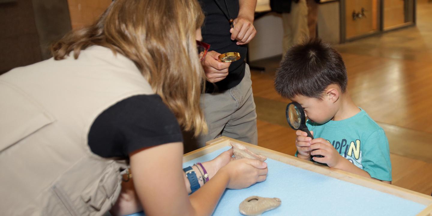 A child looking at ancient pottery through a magnifying glass.