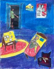 A pastel drawing of a child's bedroom with a cutout of a teen boy and another cutout of a dog on a chair.