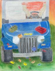A pastel drawing of a figure in blue Jeep with lego pieces scattered around.
