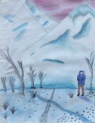 A pastel drawing of a figure in a jacket on a winter mountain landscape.