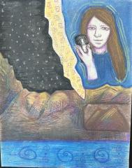 A dream-like night landscape with a woman's portrait holding a candle on the upper right