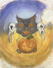 A drawing of a black cat with a jack-o-latern under it and two bird skulls on each side.