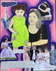A drawing of a woman and a young girls in the center with family event cutouts of photos surrounding the drawing.