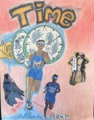 Drawing and photo cutouts of runners with a drawn stopwatch with the large word "time" over it.