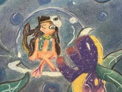 A drawing of a girl in a bubble like setting with an imaginary purple creature.