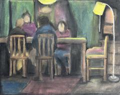 A drawing of four figures without faces sitting at a table and an empty chair.