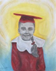 A drawing of a young girl in a red graduation hat and robe.