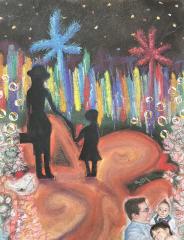 A drawing silhouette of a woman and young girl holding hands in a colorful abstract setting, and an image of a man with a baby and a young girl in the bottom right corner.