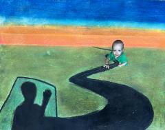 A pastel drawing of a road winding and disappearing at the horizon. A cutout of a baby crawling is on the road.