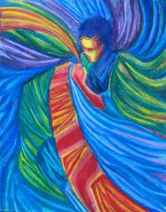 A pastel drawing of a figure clutching a swirl of colorful fabric.