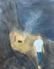 A nighttime pastel drawing of the beach and cliffs with a figure walking toward the viewer and a campfire in the background.