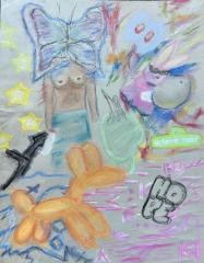 A pastel drawing of multiple shapes and symbols on a light grey background. Shapes of rabbits, a torso with a butterfly, and the word "hope".
