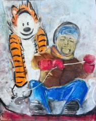 A pastel drawing of a cartoon tiger and a boy dressed for winter sledding down a hill.