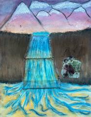 A pastel drawing of a waterfall over mountains and collage cutout of two small children on a bike on the right of the image.