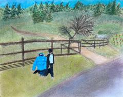 A pastel drawing of an outdoor country looking landscape with a fence and a dirt road. A collage cutout of two young boys are featured.