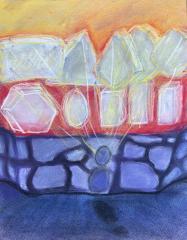 An abstract pastel drawing with three colors of layers:yellow, red, and purple with a figure at the bottom looking up at geometric shapes.