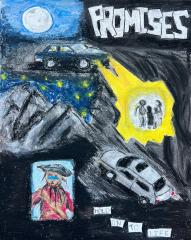 A pastel drawing of a night scene with two cars and a family focused in the headlights. A pirate character with the text "hold on to life" and "pormises".