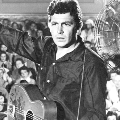 Black and white still from the movie showing the main character on stage in front of a large crowd of fans