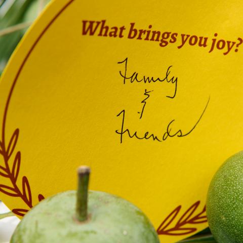 A yellow card that asks, "what bring you joy?" with the answer, friends and family written on it. The background has palm fronds.