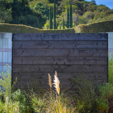 A structure made of dark burnt web planks in the middle of green plants in a courtyard