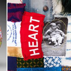 Three photos displaying upcoming exhibitions, from left to right is a spherical, quilted sculpture, a detail of a quilt, and an outdoor sign with the words 'I want to believe that bodies can be different without being threatening.'