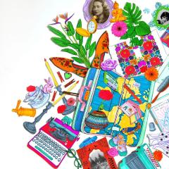A collection of colorful cut out illustrations, including plants, a candlestick, shoes, a suitcase, and a typewriter. 
