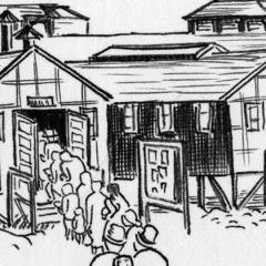 Drawing of 2 lines of people lined up at 2 entrances to a building