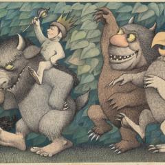 Illustration of five whimsical monsters marching toward the left. A young child wielding a crown and scepter sits on the shoulders of the second monster from the left.