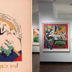 An illustration on aged paper next to a photograph of two large, colorful prints in a gallery all depicting the story in the song Had Gadya.