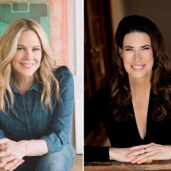 Headshots of actresses Mary McCormack and Melissa Fitzgerald next to a cover of the book, What’s Next: A Backstage Pass to The West Wing.